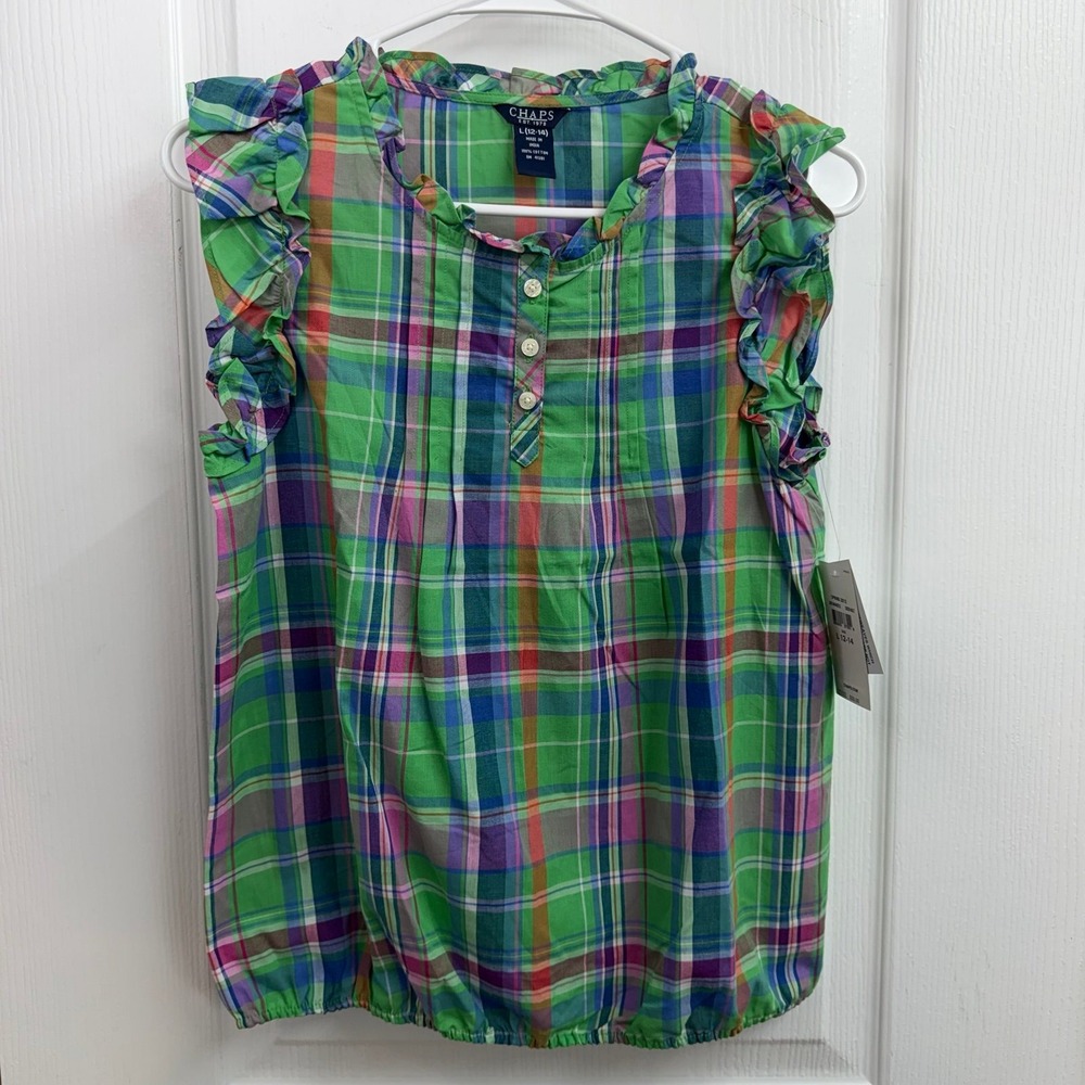 NEW CHAPS youth girl's green plaid ruffle sleeveless button scoop neck shirt L